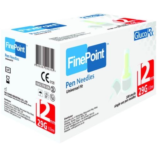 GlucoRx FinePoint Insulin Pen Needles 12mm 100 Pack